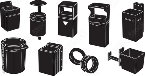 Collection of black and white trash can illustrations