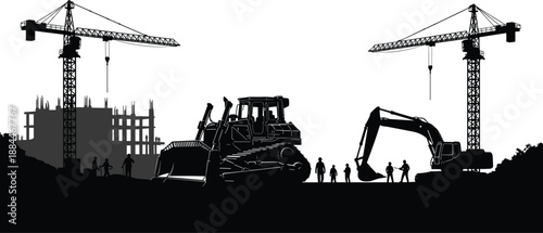 Construction site silhouette with tower cranes, bulldozer, excavator and workers illustrating heavy machinery operations, urban development and industrial engineering projects