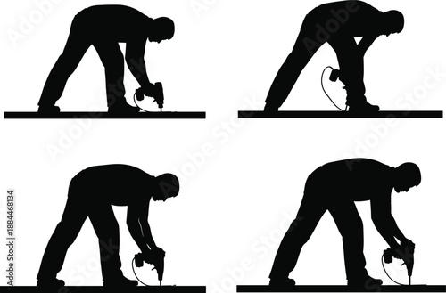 Construction worker drilling silhouette set showing manual labor, power tool usage, floor installation, renovation work, and industrial craftsmanship activities for building and engineering concepts