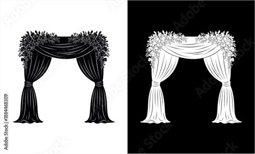 Elegant Black and White Curtains with Decorative Fringes.