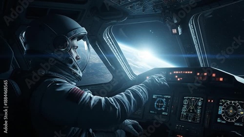 Astronaut piloting spaceship cockpit, Earth visible through window, space exploration