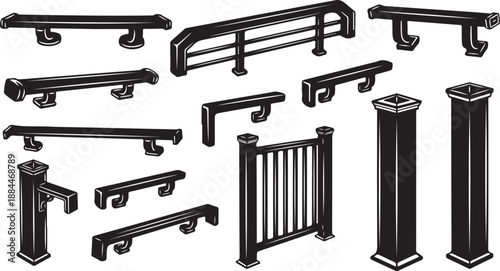 Various black metal railing and fence designs illustrated