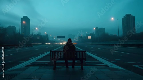 Person Sitting Alone on Bench Facing Foggy Urban Roadway at Dawn