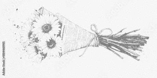 Bouquet of flowers wrapped in textured paper with fine grain and layered dust overlays. Subtle vintage distress adds soft tactile charm.