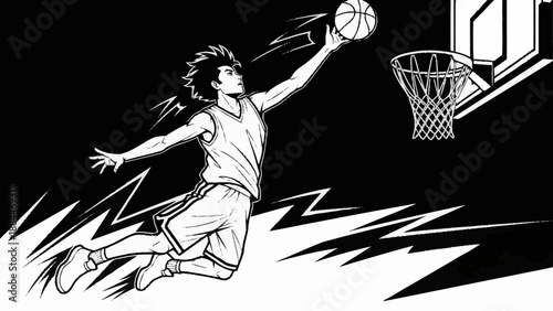Dynamic Basketball Player Dunking in Black and White Illustration.