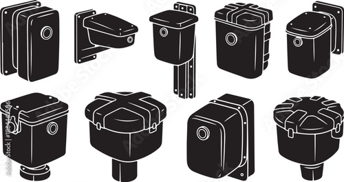 Collection of black and white industrial mechanical box components