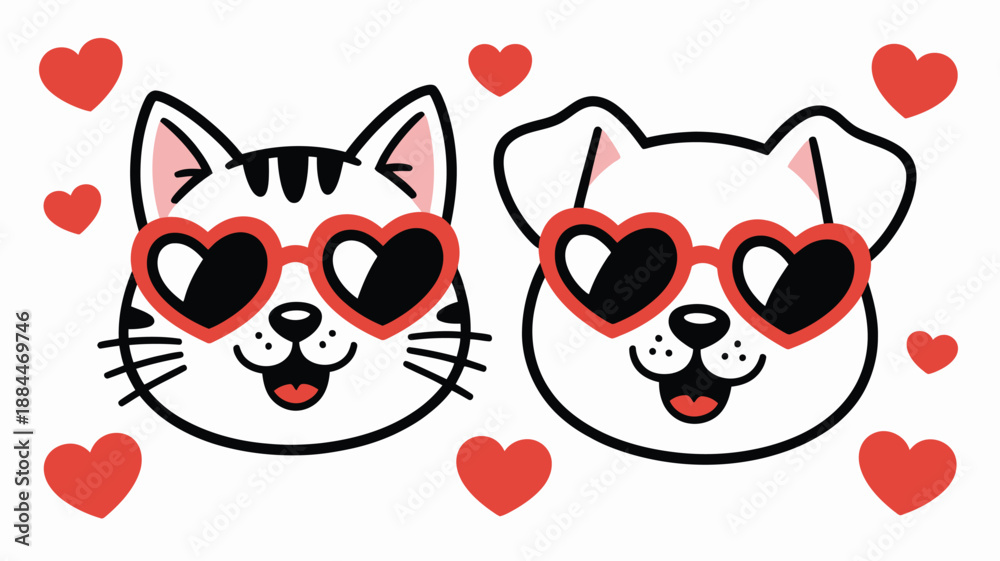 Fototapeta premium Adorable cat and dog with heart-shaped sunglasses Vector