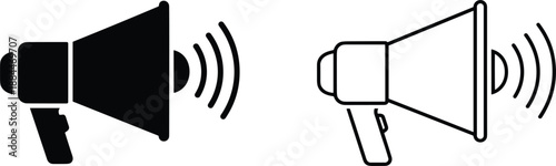 Megaphone loudspeaker icons with sound waves silhouette and outline styles isolated flat vector symbols for communication design