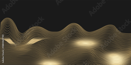 Abstract wavy lines flowing curve golden gradient color on black background. Vector in concept of luxury, technology, science, music, modern.