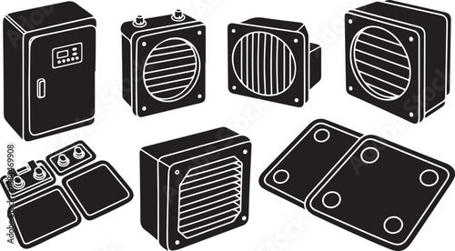 Black and white illustration of various electronic devices and speakers