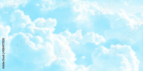 Halftone cloud background. White dotted clouds in blue sky. Pop art heaven wallpaper for banner, brochure, collage, poster, leaflet. Pixelated smoke, smog or fog texture. Vector illustration