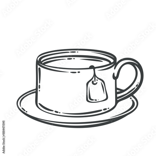 Tea cup on saucer with hanging tea bag, classic breakfast drink, cafe menu item. Tea illustration in retro hand drawn outline monochrome icon style. Vector illustration.