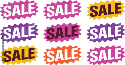 Nine vibrant starburst sale tags feature bold white text announcing special discounts.