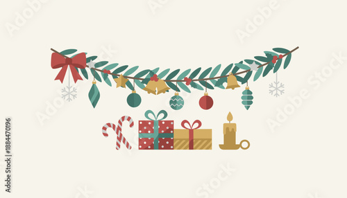 Christmas garland gifts and candy canes in flat design for holiday greeting cards