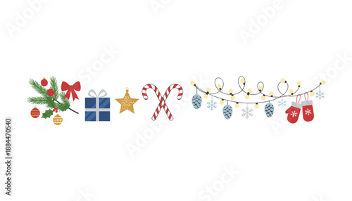 Flat design Christmas set holly branches gift star candy canes string lights mittens and cones