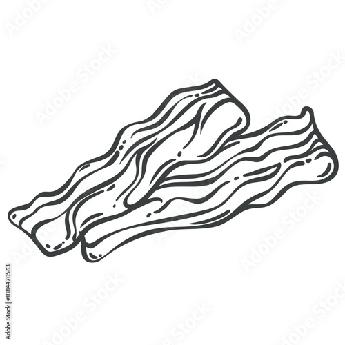 Bacon breakfast food, crispy bacon strips, classic American breakfast meat, diner menu item. Retro hand drawn outline monochrome icon, bacon illustration. Vector illustration.