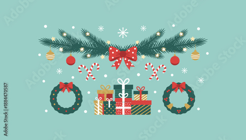 Festive Christmas illustration featuring gifts garlands wreaths and candy canes on a winter blue background