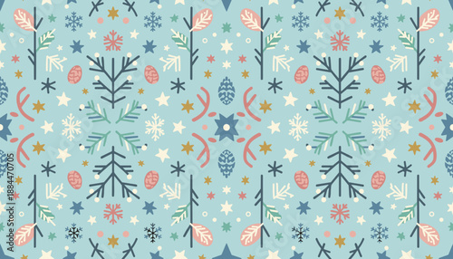Folk art style seamless winter pattern with trees snowflakes and stars Holiday background