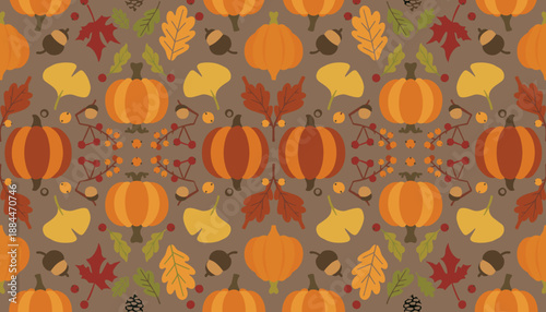 Decorative fall background pattern with pumpkins ginkgo leaves acorns and berries Ideal for Thanksgiving design