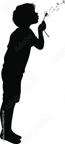 Child silhouette blowing dandelion seeds, innocence freedom dreams imagination concept, black profile figure isolated on white background