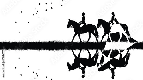 horse riding, equestrian sport, water reflection, flying birds, field grass, animal silhouette, rural landscape, country life, horse silhouette, outdoor activity