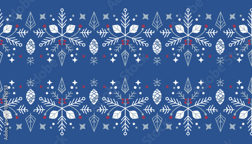 Winter holiday seamless pattern snowflakes pine cones and berries on deep blue