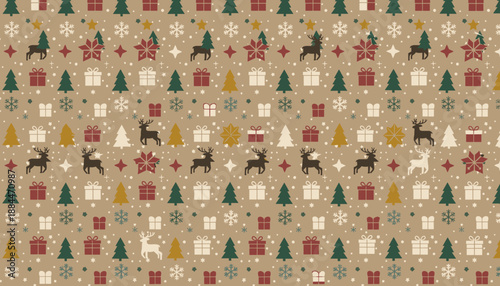 Seamless Christmas pattern with reindeer gifts and trees on rustic kraft paper