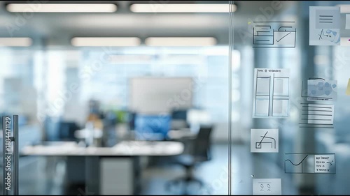 Modern office brainstorming on glass wall with ux sketches and notes video