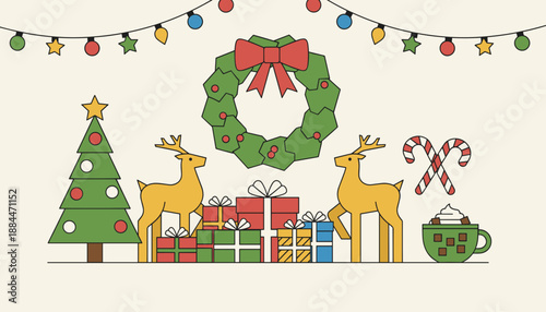 Holiday illustration of reindeer Christmas tree wreath gifts and candy canes