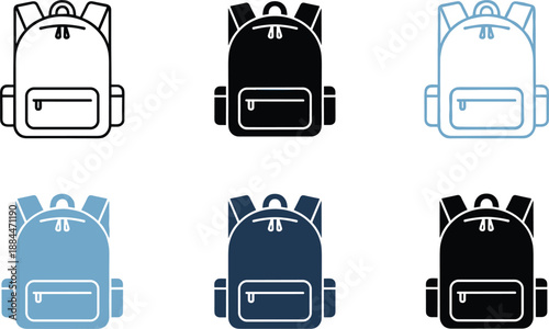 School backpack icon set in outline solid and colored styles isolated flat vector symbols for education student design