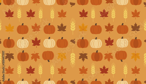 Autumn seamless pattern with pumpkins maple leaves wheat and acorns on an orange background
