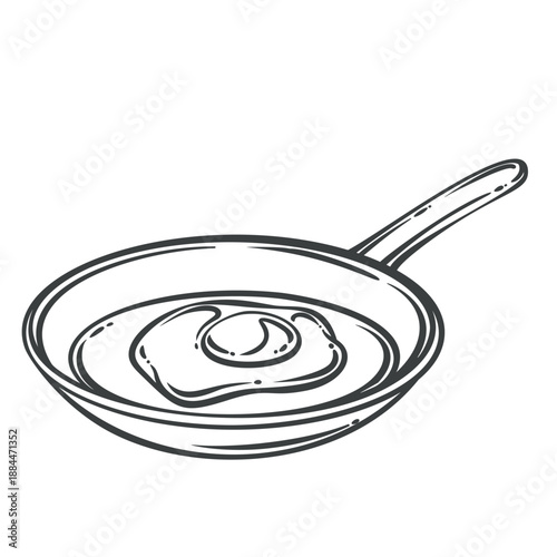 Fried egg breakfast food in frying pan, classic morning dish, diner menu item, American breakfast style. Hand drawn monochrome outline icon, fried egg illustration, vector illustration