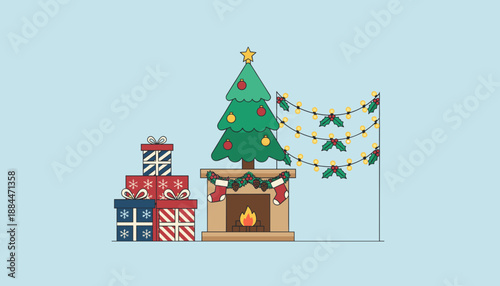 Minimalist Christmas room decor illustration with fireplace tree stockings and stacked gifts