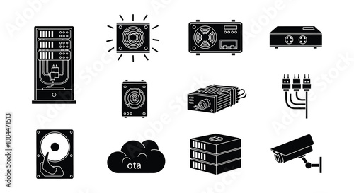 Black glyph icons representing computer hardware security systems and server components