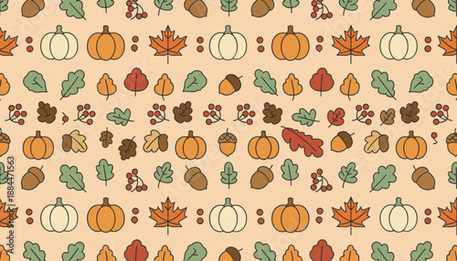 Seamless autumn pattern featuring pumpkins colorful fall leaves acorns and berries Harvest holiday background