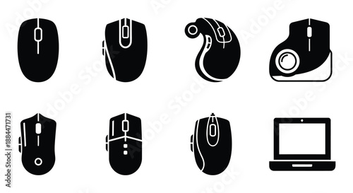 Variety of computer mice and a laptop icon set in black silhouette