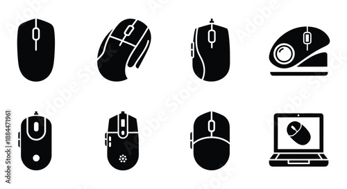Variety of computer mice and a laptop icon set in black silhouette