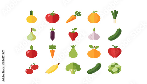 Fresh fruits and vegetables icon collection set healthy food organic produce flat vector illustration isolated