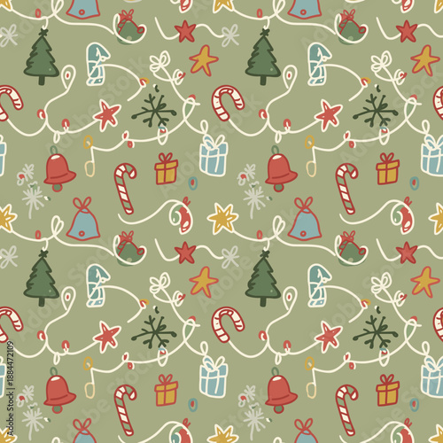 Wallpaper Mural Whimsical Christmas seamless pattern featuring handdrawn trees lights candy canes and gifts on green Torontodigital.ca