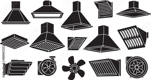 Black and white kitchen exhaust fan icons and symbols