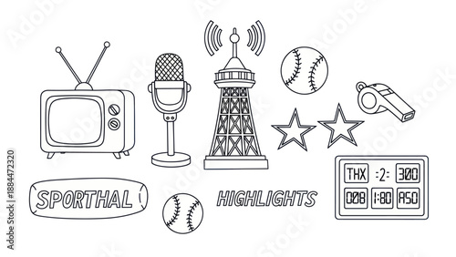 Sports icons set tv microphone tower baseball whistle stars highlights
