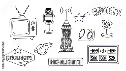 Sports icons television microphone scoreboard antenna whistle baseball star