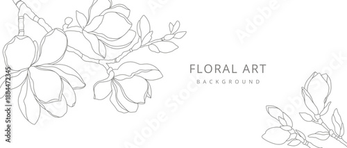 Abstract floral background with minimal pattern magnolia flowers in line art style. Hand drawn botanical elements. Vector illustration for card, banner, print, cover, wedding invitation, packaging