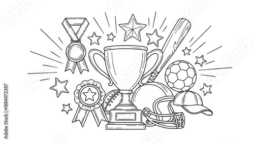 Sports trophy and equipment illustration for achievements and success
