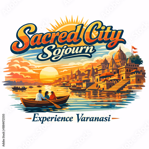 Varanasi sunset boat on the Ganga with glowing ghats, Sacred City Sojourn travel poster; golden riverfront heritage illustration for tourism and culture prints