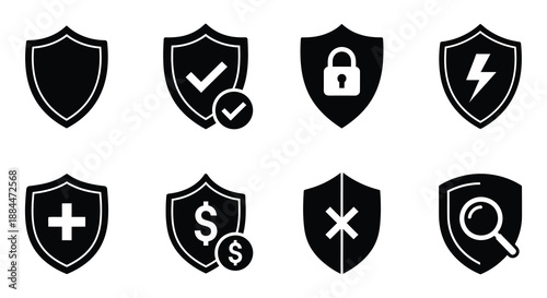 Black shield icons with various symbols representing security and protection concepts