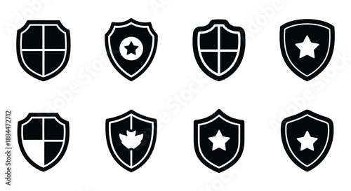 Black shield icons with various symbols representing security and protection concepts