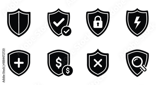 Black shield icons with various symbols representing security and protection concepts