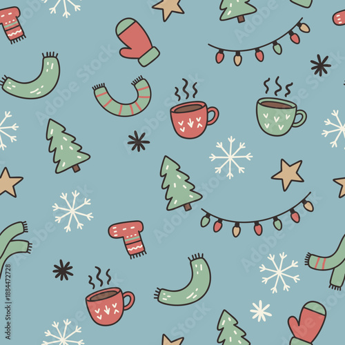 Seamless winter doodle pattern Cozy background with festive elements mittens cocoa mugs and snowflakes
