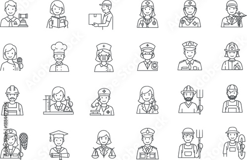 Profession vector icon set with various occupations including doctor judge chef and police officer